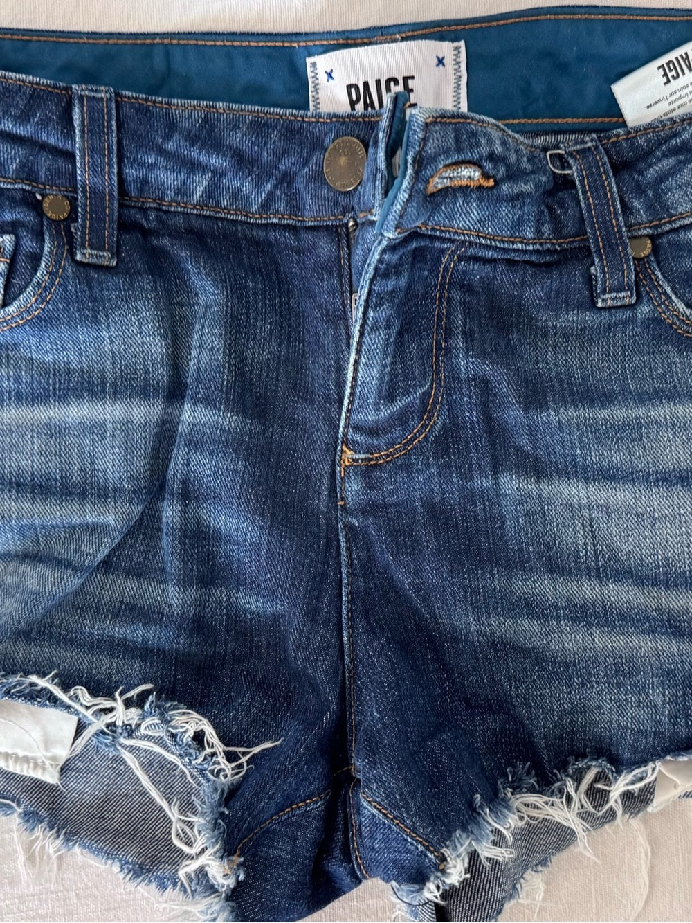 PAIGE Teal Waistband Denim Jeans with Contrast Stitching